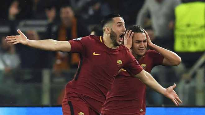 AS Roma&apos;s Manolas celebrates after scoring against Barcelona