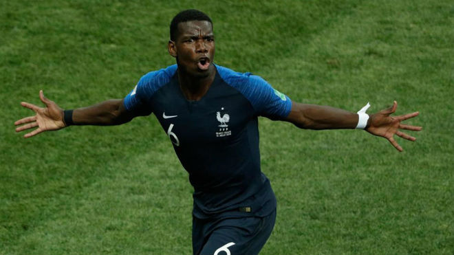 Paul Pogba celebrates after scoring a goal during the Russia 2018...