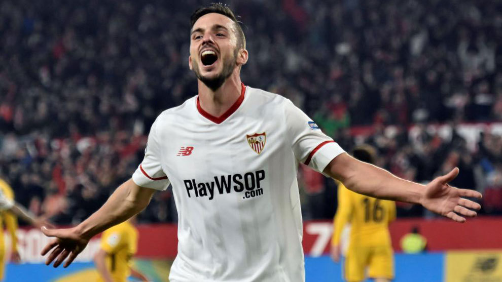Sarabia celebrates a goal against Atletico in the second leg of the...