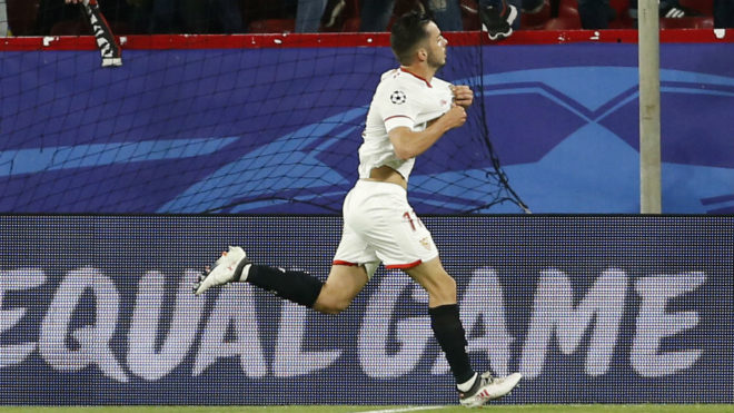 Pablo Sarabia celebra un gol en Champions.