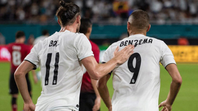 Benzema celebrates with Bale a goal during the International Champions...