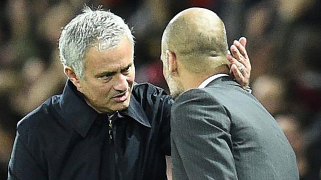 United&apos;s manager Jose Mourinho shakes hands with City&apos;s manager Pep...