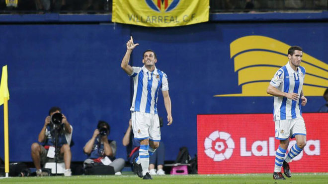 Juanmi celebra su tanto ante el Villarreal.