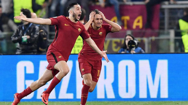 AS Roma&apos;s defender Kostas Manolas celebrates after scoring a goal...