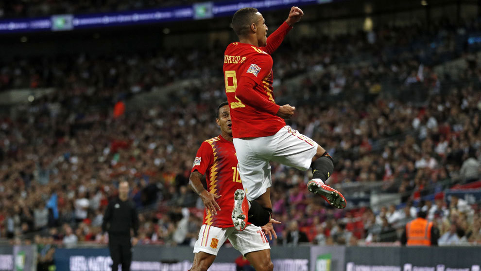 Rodrigo celebrates his goal at Wembley
