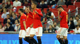 Rodrigo celebra el gol de la victoria de Espaa ante Inglaterra,