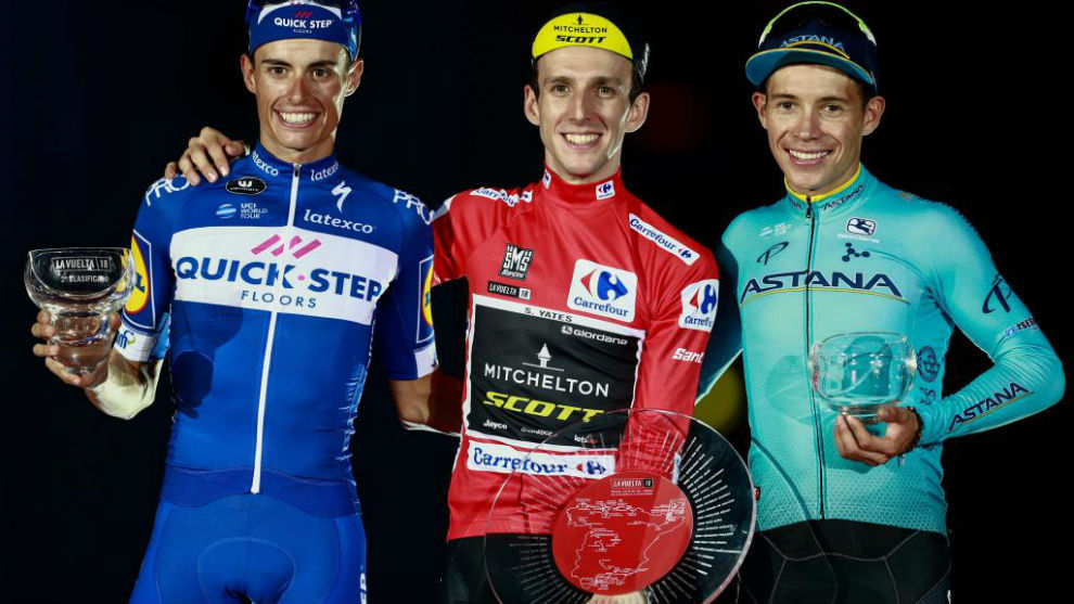 El podio final de la Vuelta 2018: Yates, Mas y López.