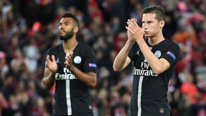 Julian Draxler reacts at the final whistle during the match between...