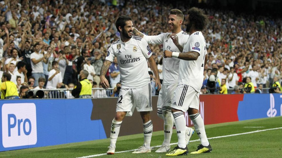 Ramos and Marcelo congratulate Isco on his free kick goal against...
