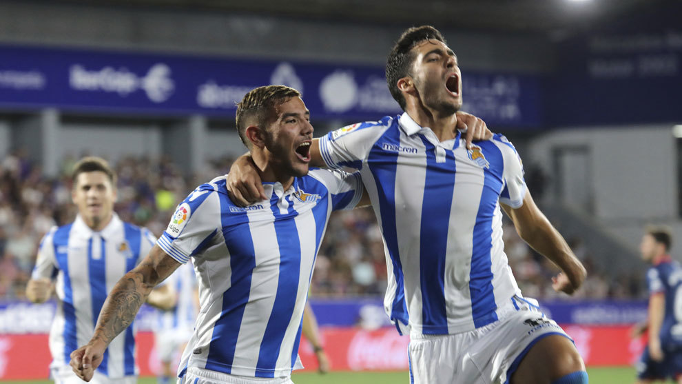 Mikel Merino celebrate his goal with Theo Hernandez