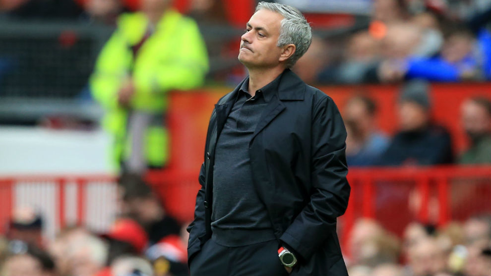 Manchester United&apos;s Portuguese manager Jose Mourinho gestures on the...