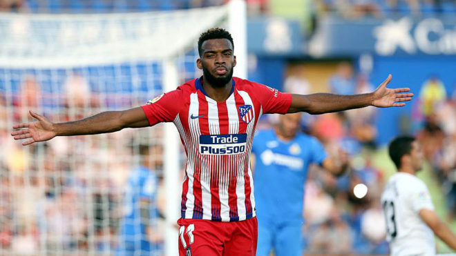 Atletico&apos;s French midfield Lemar celebrates after scoring.