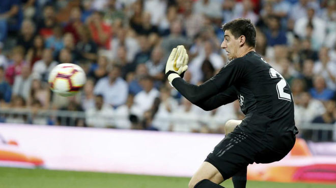 Courtois gestures during the Spanish league football match between...