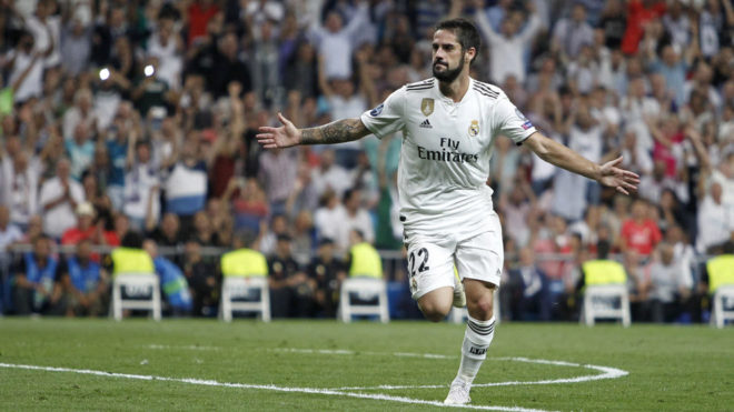 Isco celebrates his goal against Roma in the Champions League.