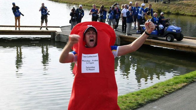 Ian Poulter wears post box costume as he celebrates victory  on the...