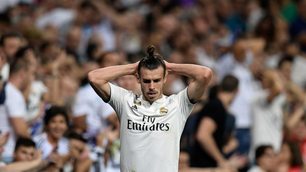 Bale reacts during the Spanish league football match between Real...