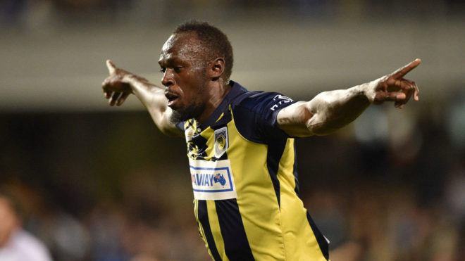 Uaain Bolt celebrates one of his two goals