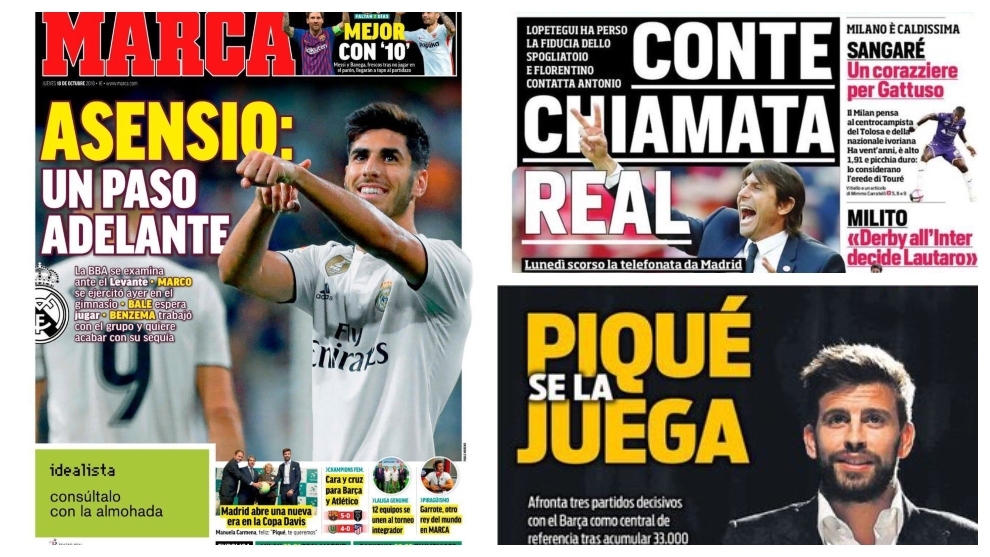 Thursdays headlines feature Asensio, Conte to Real Madrid, Pique and...