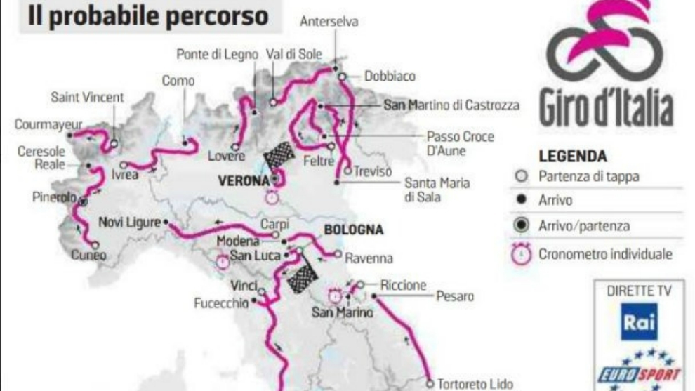 Mapa del probable recorrido del Giro de Italia 2019.