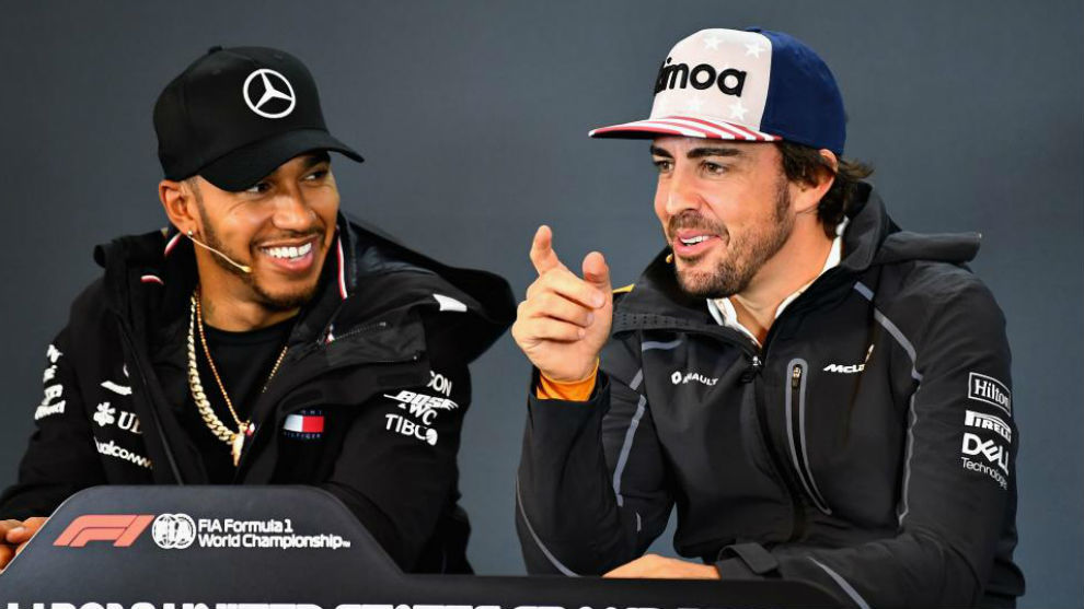 Hamilton y Alonso, en la rueda de prensa del GP de EE UU.