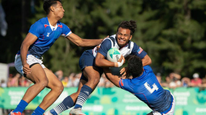 Un partido de rugby 7 entre Samoa y Estados Unidos.