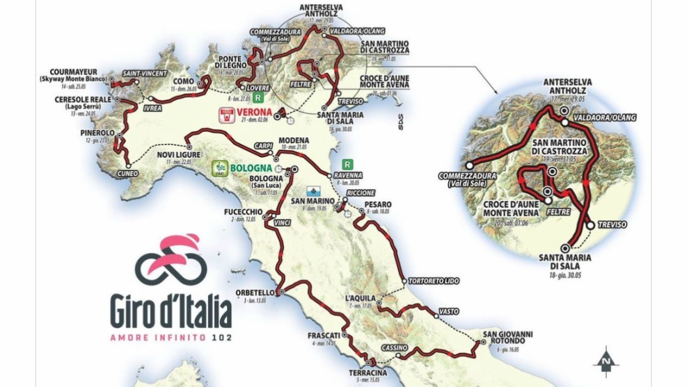Mapa del recorrido del Giro de Italia 2019.