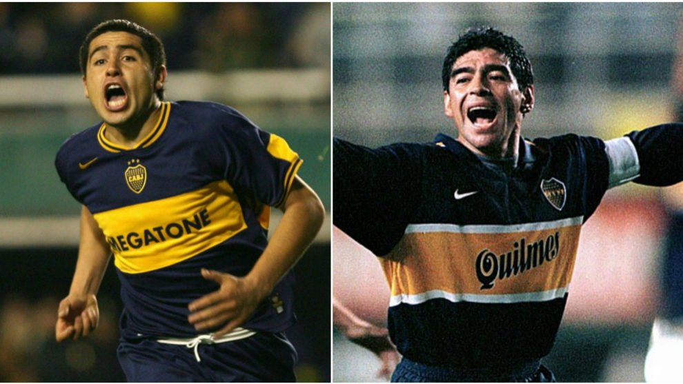 Riquelme y Maradona con la camiseta de Boca Juniors.