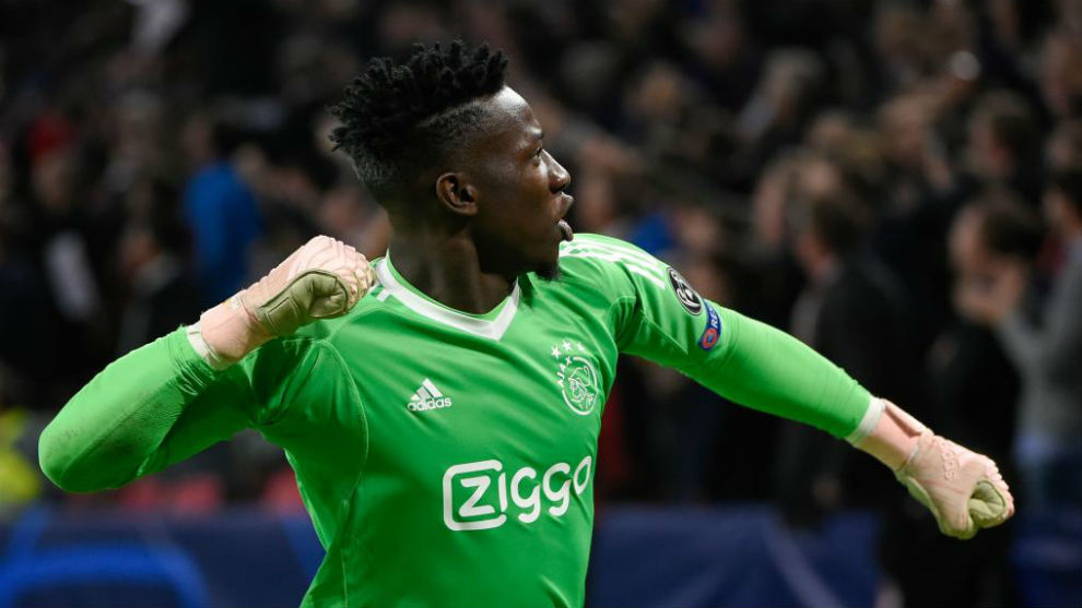 Ajax&apos;s Cameroonian goalkeeper Andre Onana reacts during the  match...