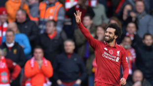 Salah festeja un gol con el Liverpool.