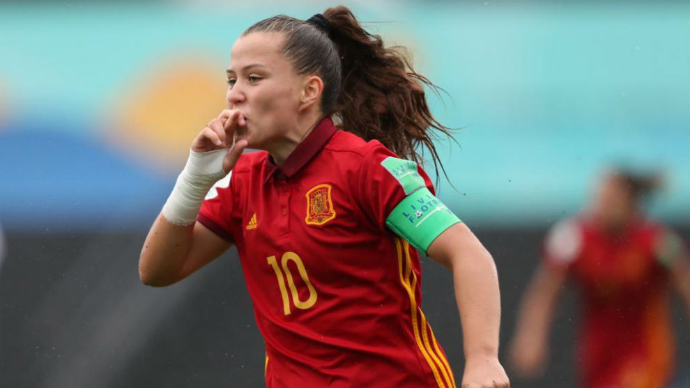 Claudia Pina celebra el primer gol de Espaa ante Nueva Zelanda.