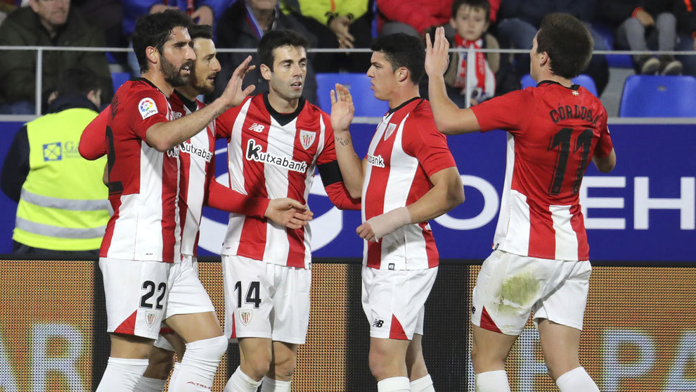 Athletic&apos;s players celebrate a goal.
