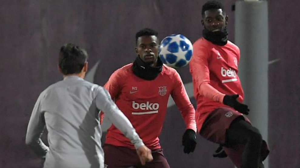 Semedo and Dembele attend a training session at the Joan Gamper Sports...
