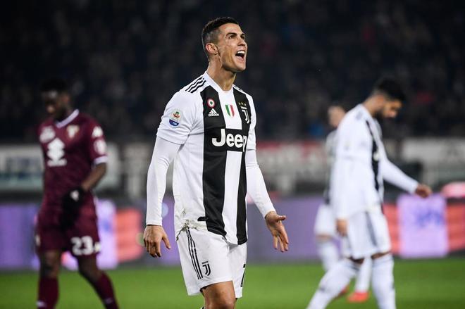Juventus&apos; Portuguese forward Cristiano Ronaldo reacts during the...