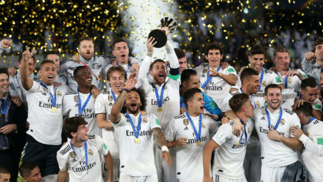 Ramos lifts the club&apos;s seventh Club World Cup trophy.