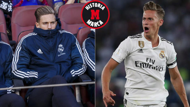 Marcos Llorente in the stands at the Camp Nou and after scoring in the...