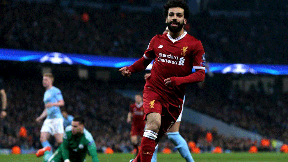 Salah celebrates his goal against Manchester City in the 2017-18...