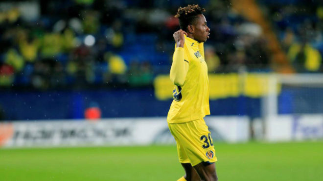 Samuel Chukwueze celebrates the goal he scored for Villarreal against...