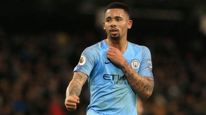 Gabriel Jesus celebrating one of his two goals against Wolves.