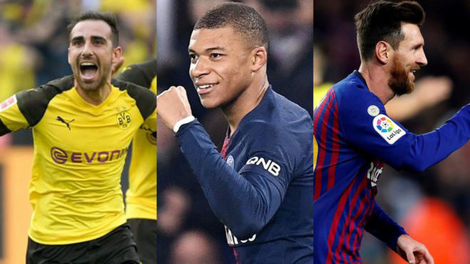 Paco Alcacer, Kylian Mbappe and Lionel Messi