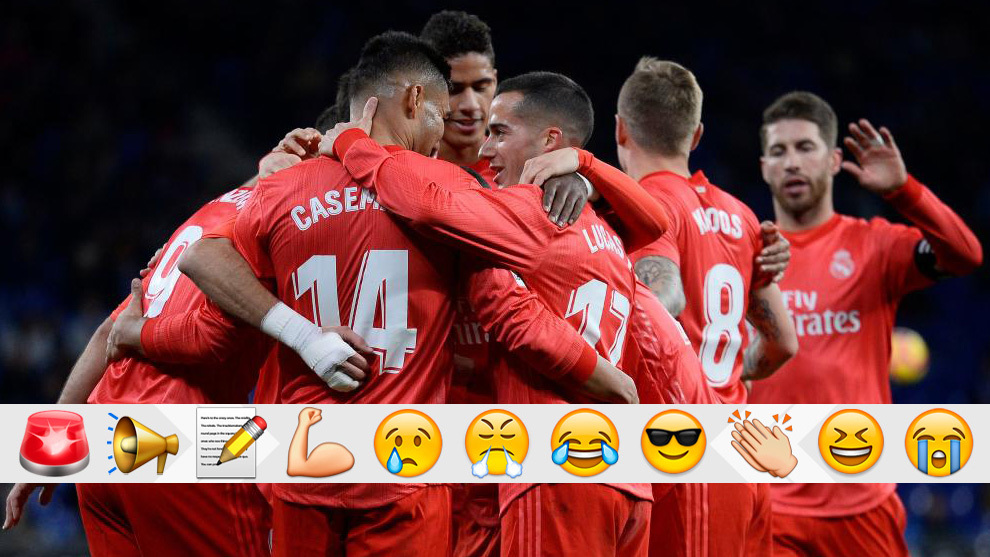 Los jugadores del Madrid celebran un gol al Espanyol