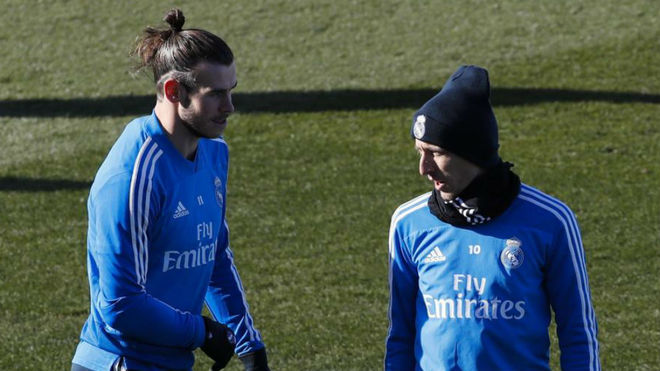 Bale and Modric at Valdebebas on Wednesday.