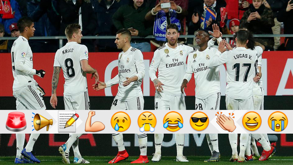 Los jugadores del Madrid celebran un gol al Girona