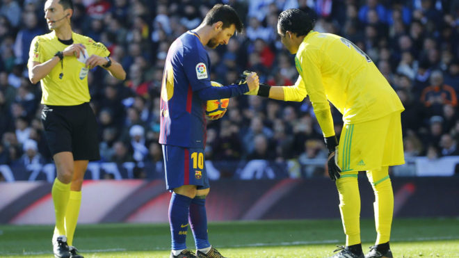 Keylor greeting Messi before the Argentine took a penalty at the...