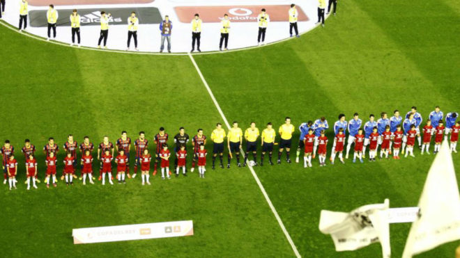 Barcelona and Real Madrid lined up before the 2015 Copa del Rey final,...