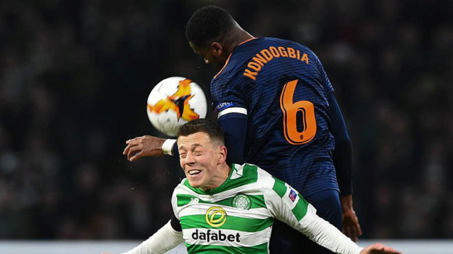 Kondogbia fights for the ball at Celtic Park.