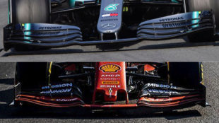 Diferencia entre las alas del Merecedes (arriba) y Ferrari (debajo)