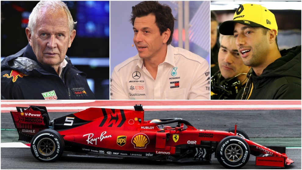 Marko, Wolff, Ricciardo y, abajo, Vettel.