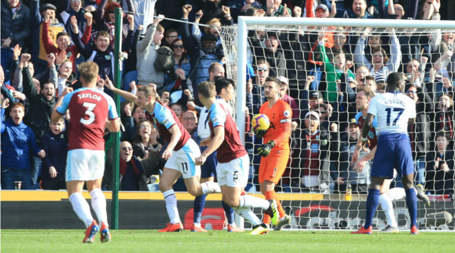 Burnley celebrate the goal that made it 2-1 against Tottenham.