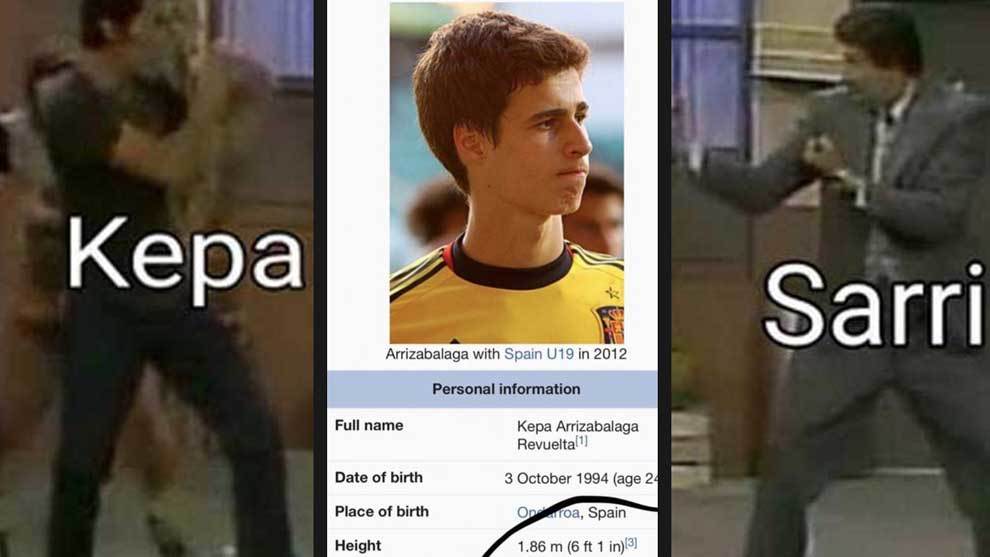 La negativa de Kepa a ser cambiado antes de la tanda de penaltis de la final de la Carabao Cup, y el enfado de su entrenador Maurizio Sarri se convirtieron en carne de meme en las redes sociales. Incluso en Wikipedia convirtieron a Kepa en el nuevo entrenador del Chelsea.