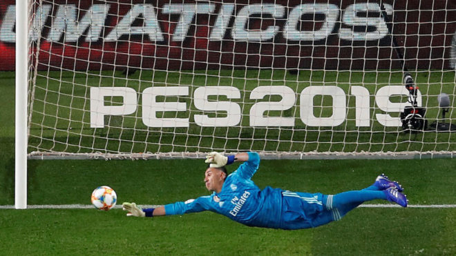 Keylor Navas making a crucial save in the first leg.